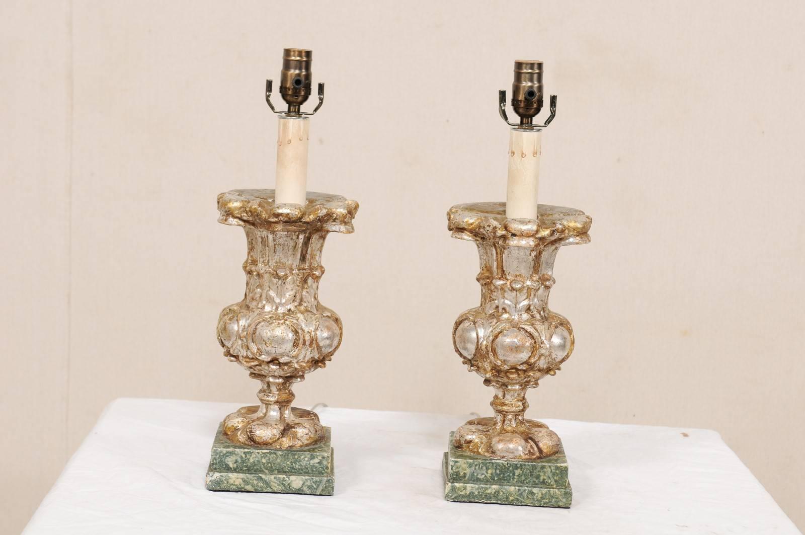 Carved Pair of Italian 19th Century Urn Shaped Wood Table Lamps with Silver Leaf Finish