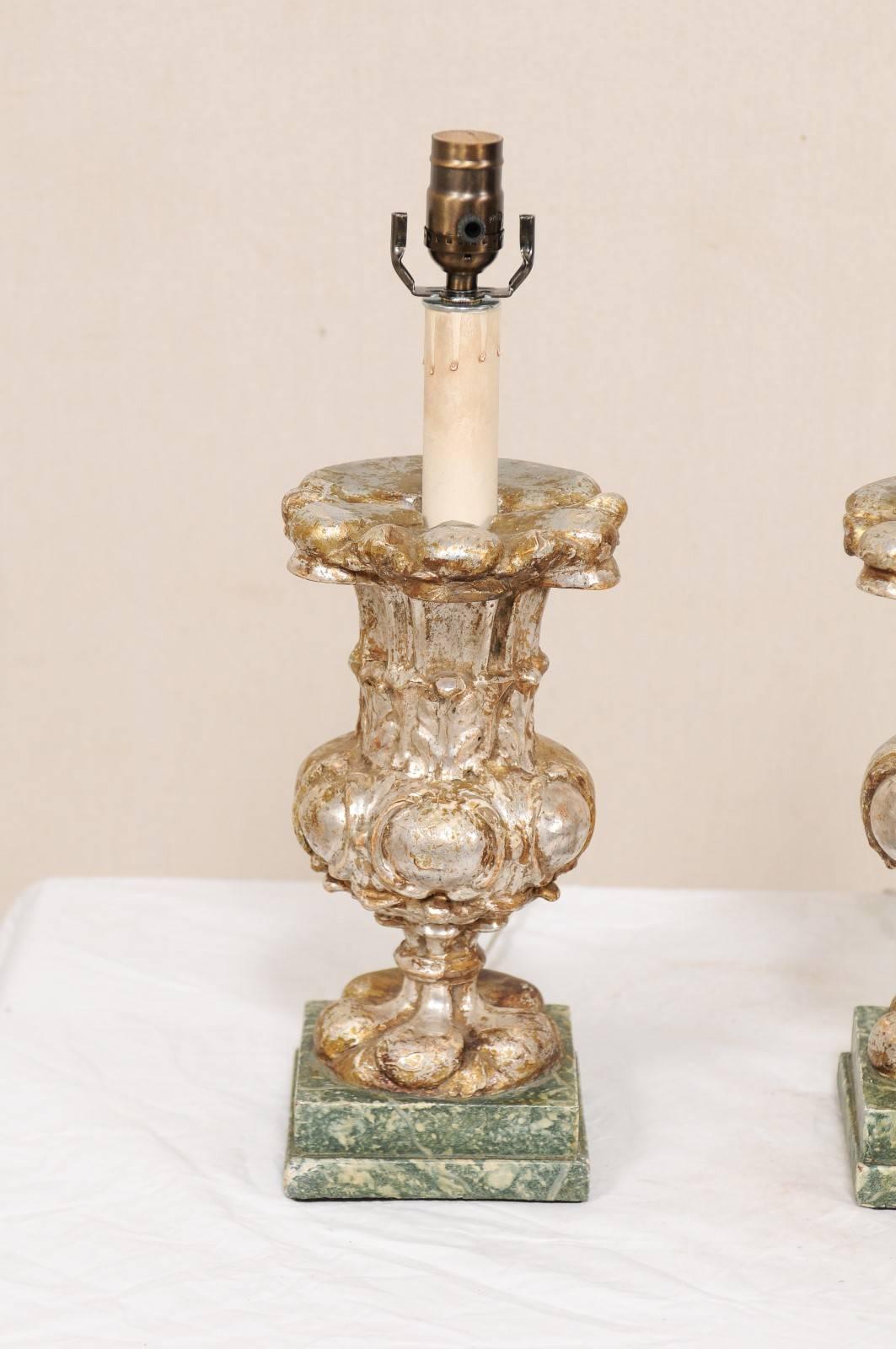 Pair of Italian 19th Century Urn Shaped Wood Table Lamps with Silver Leaf Finish In Good Condition In Atlanta, GA