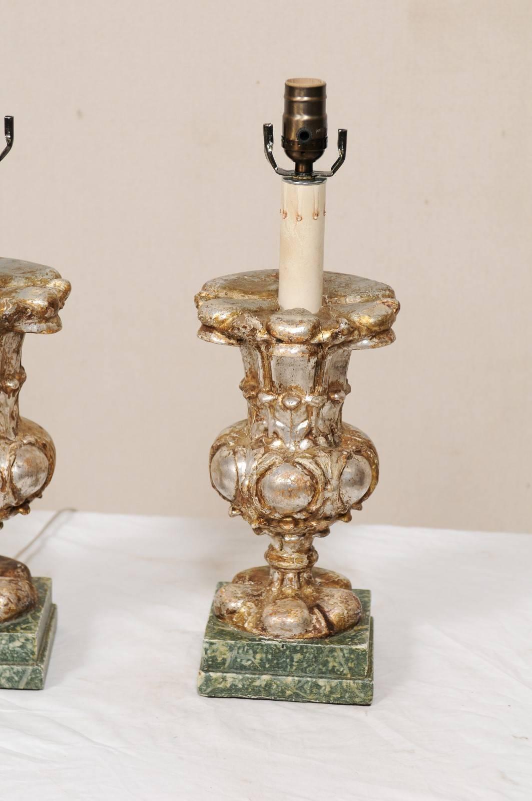 Pair of Italian 19th Century Urn Shaped Wood Table Lamps with Silver Leaf Finish 1