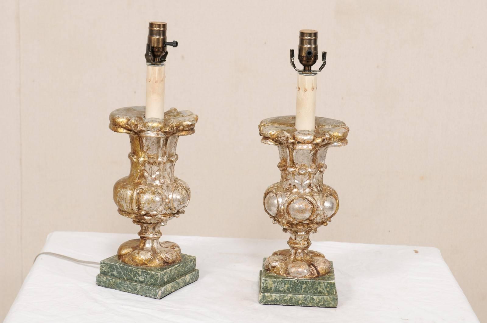 Pair of Italian 19th Century Urn Shaped Wood Table Lamps with Silver Leaf Finish 2