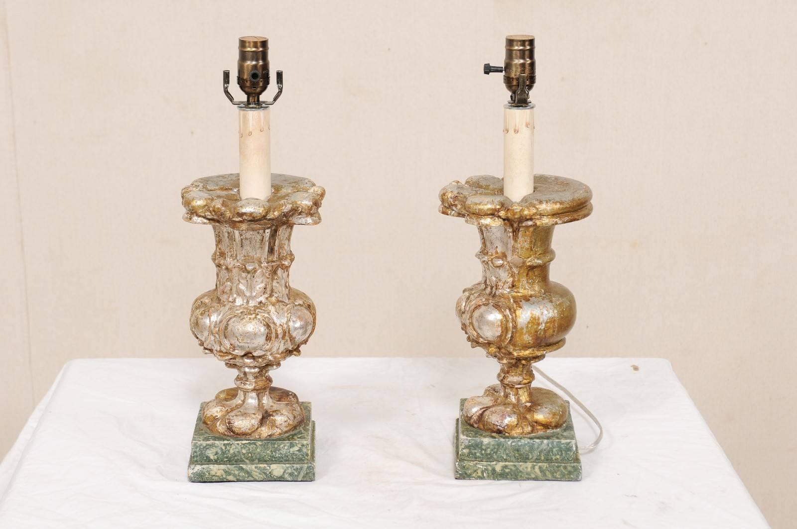 Pair of Italian 19th Century Urn Shaped Wood Table Lamps with Silver Leaf Finish 4
