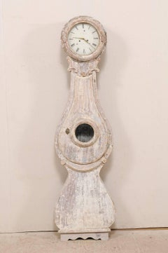 19th Century Swedish Fryksdal Light Colored Floor Clock with Carved Floral Decor
