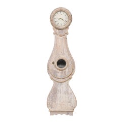 19th Century Swedish Fryksdal Light Colored Floor Clock with Carved Floral Decor