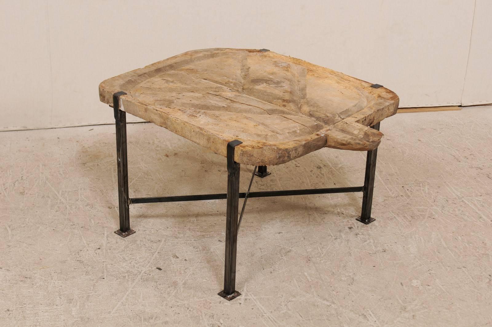 Custom Spanish, 19th Century Rustic Hand-Carved Wood Cheese Board and Iron Table In Good Condition In Atlanta, GA