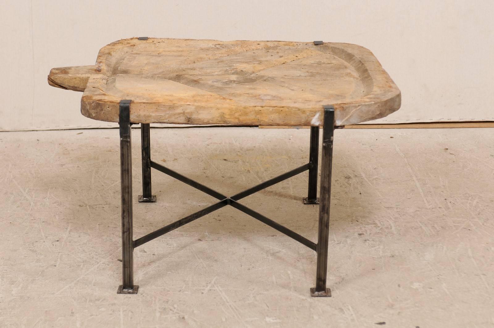 Custom Spanish, 19th Century Rustic Hand-Carved Wood Cheese Board and Iron Table 4