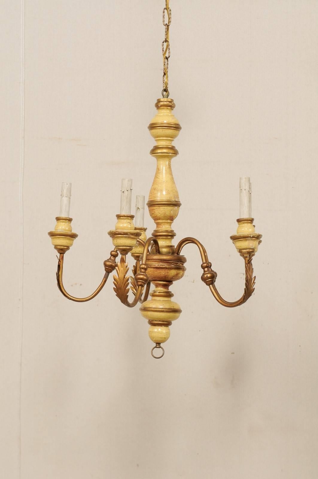 French Five-Light Painted Wood and Metal Chandelier with Warm Beige & Gold Tones In Good Condition For Sale In Atlanta, GA