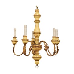 Vintage French Five-Light Painted Wood and Metal Chandelier with Warm Beige & Gold Tones