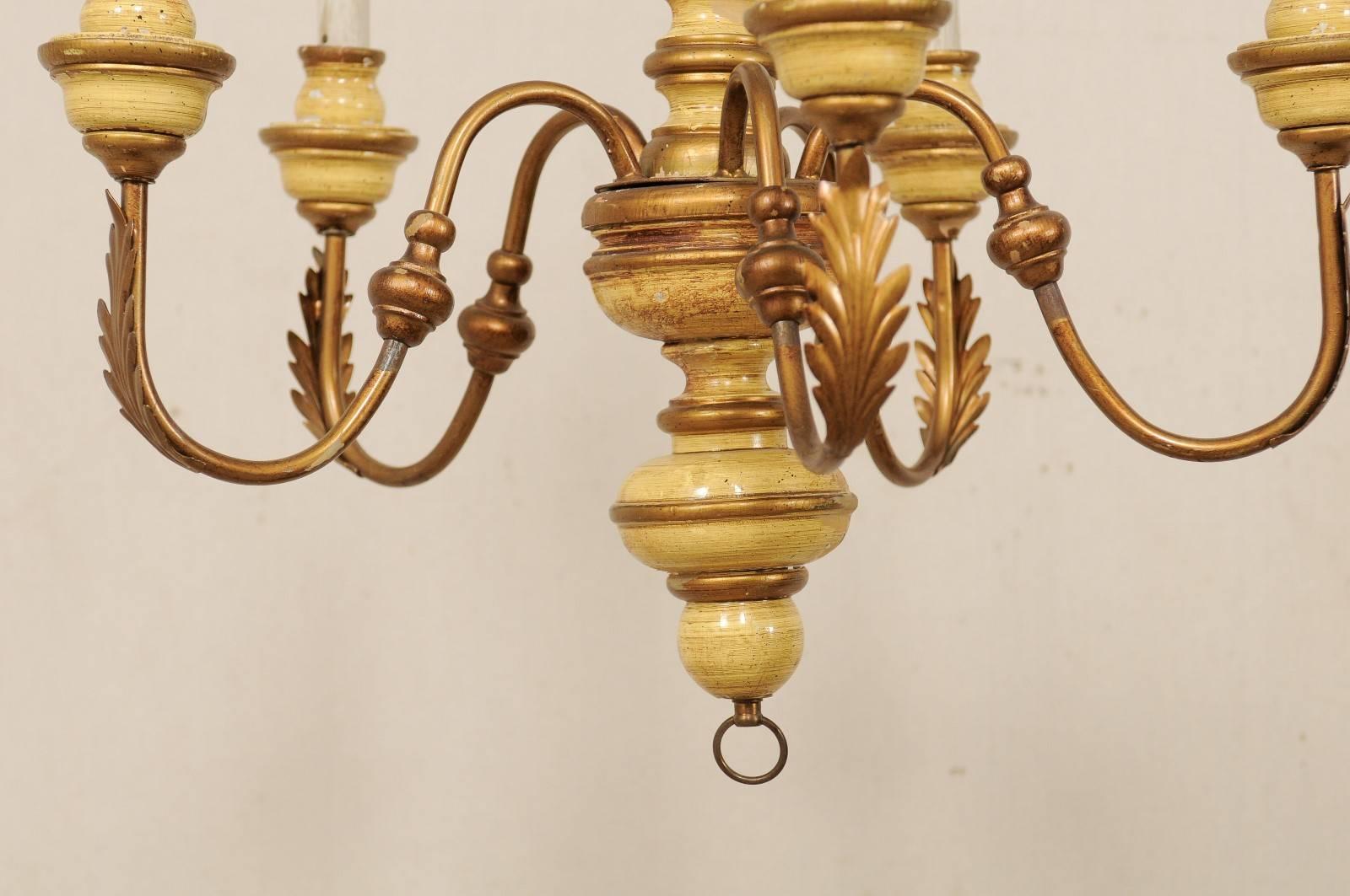 French Five-Light Painted Wood and Metal Chandelier with Warm Beige & Gold Tones For Sale 5