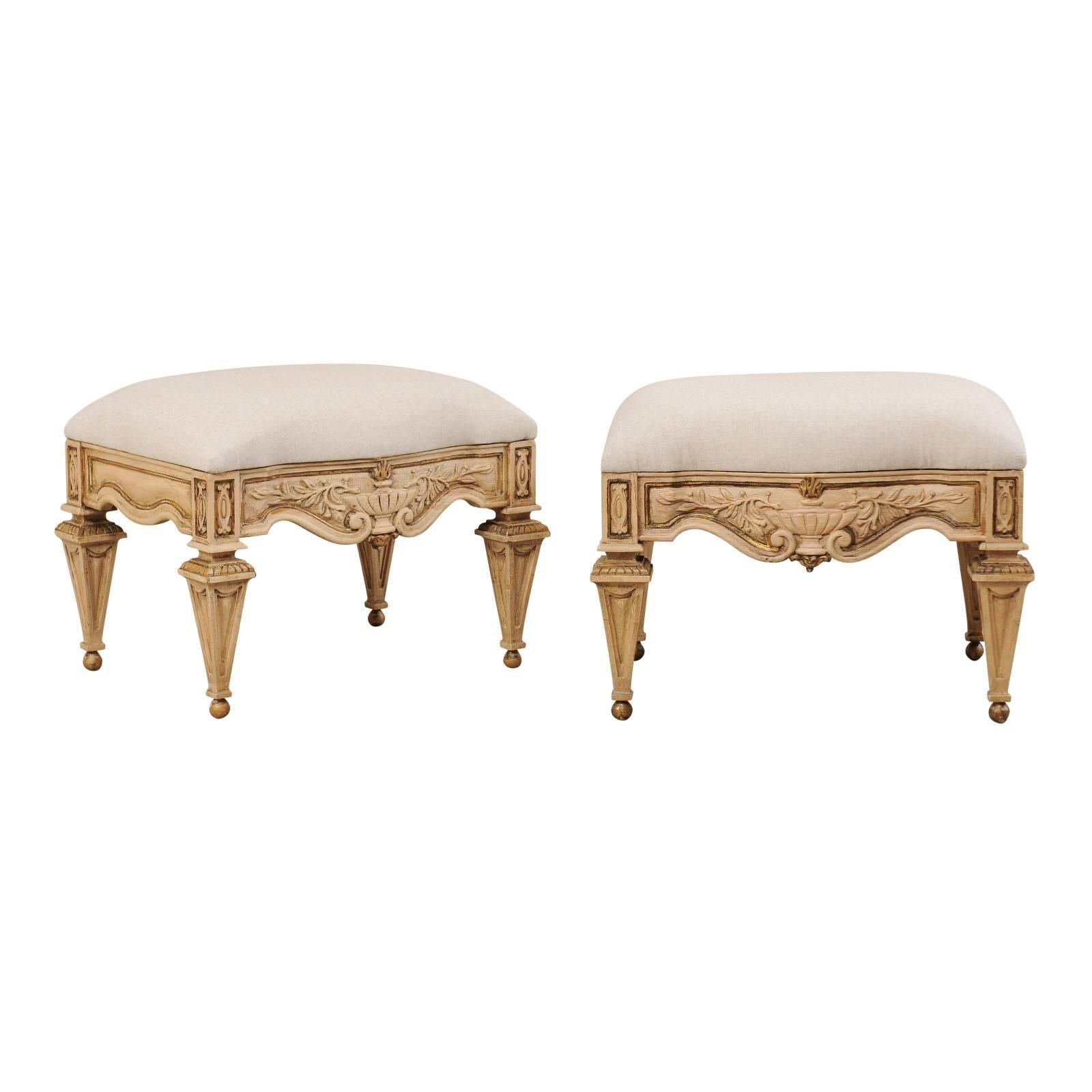 Pair of Italian Style Carved Ash Wood Upholstered Vintage Stools