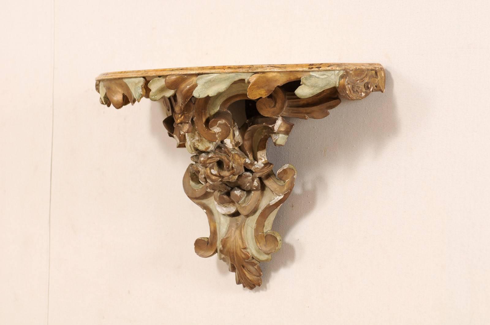 Carved Italian Early 19th Century Painted Wood Architectural Wall Shelf For Sale