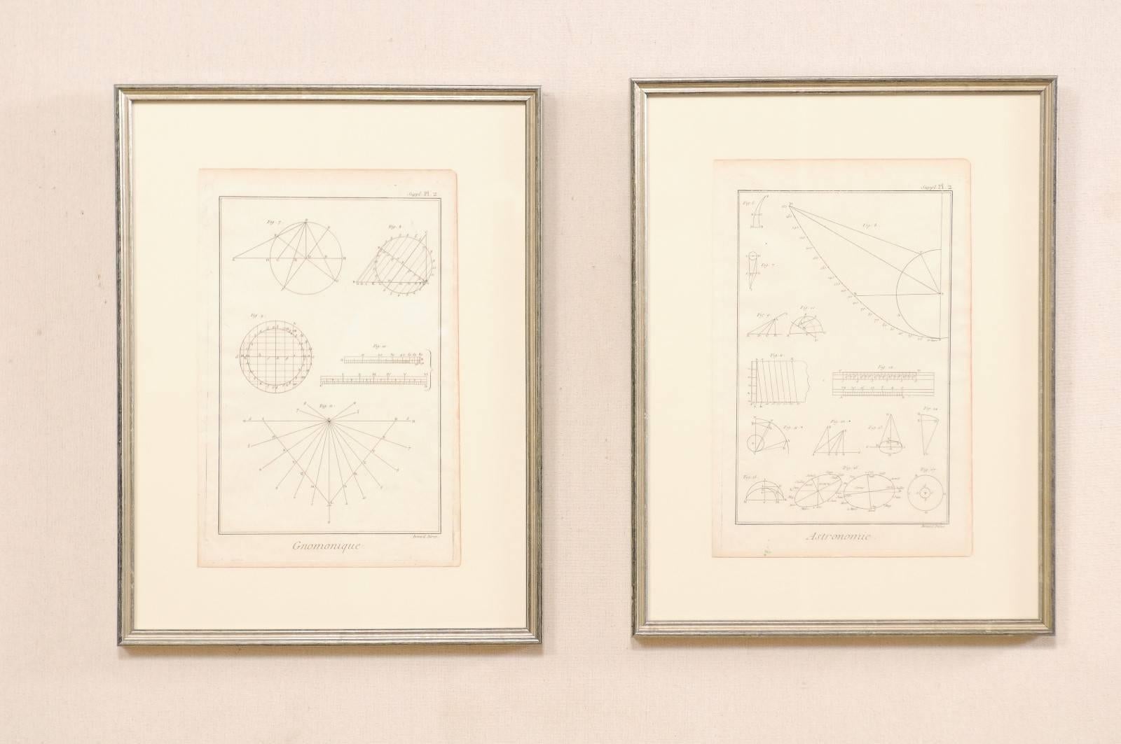 A pair of framed French 18th century Bernard Direx renderings. This is a pair of framed astronomy and geometric renderings from French artist Bernard Direx. Each rendering was originally part of a larger book, and are copper plate engraved (a