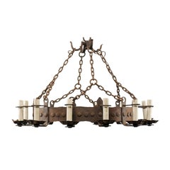 French Midcentury Iron 12 Light Ring-Shaped Chandelier with Circle Motifs