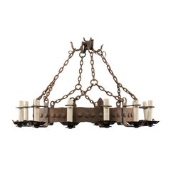 French Midcentury Iron 12 Light Ring-Shaped Chandelier with Circle Motifs