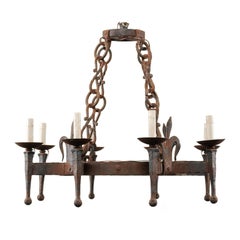 Vintage French Iron Eight-Light Chandelier with Torch-Like Arms & Fleur de Lis