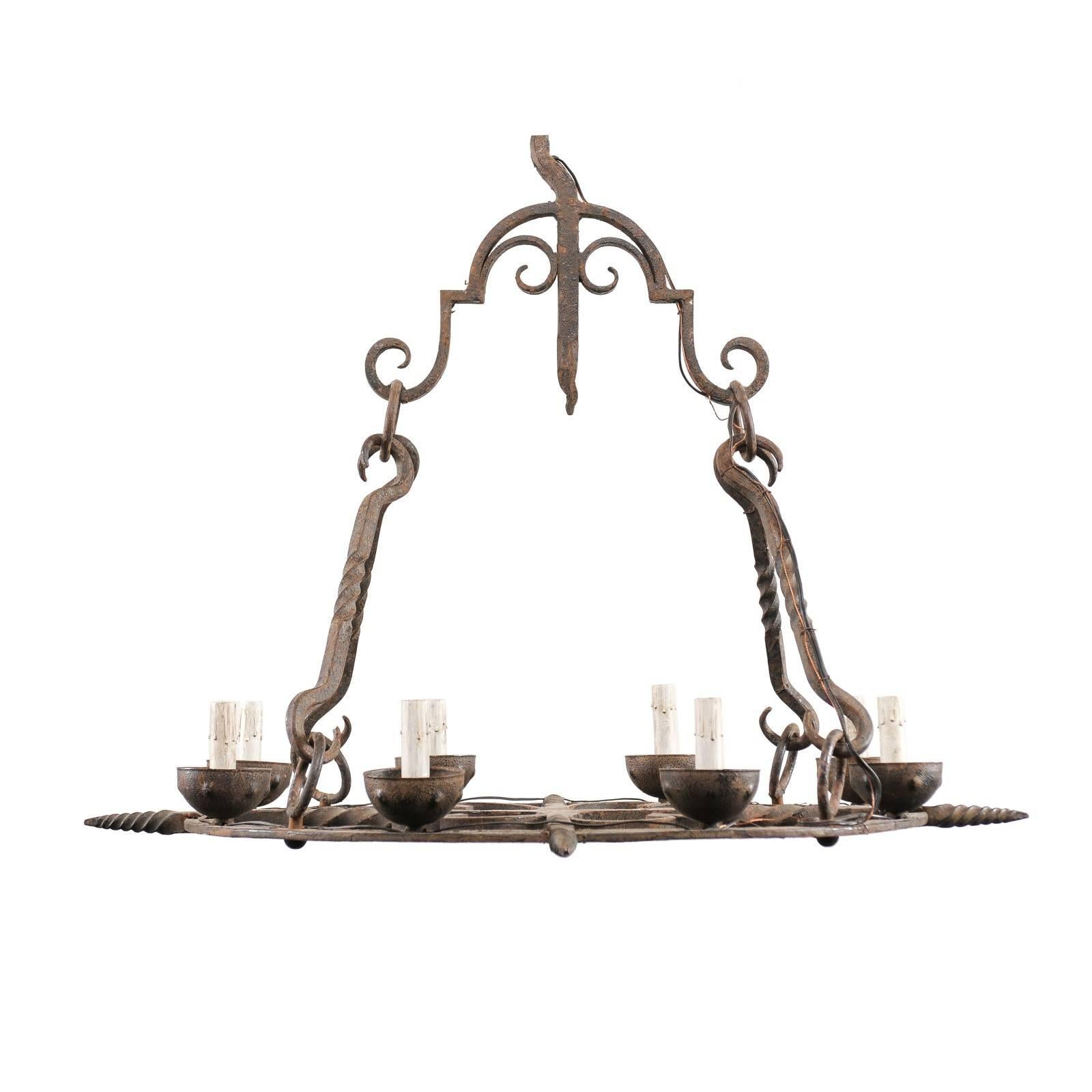 French Eight-Light Hand-Forged Iron Circular Chandelier w/Beautiful Suspension For Sale