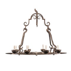 Retro French Eight-Light Hand-Forged Iron Circular Chandelier w/Beautiful Suspension
