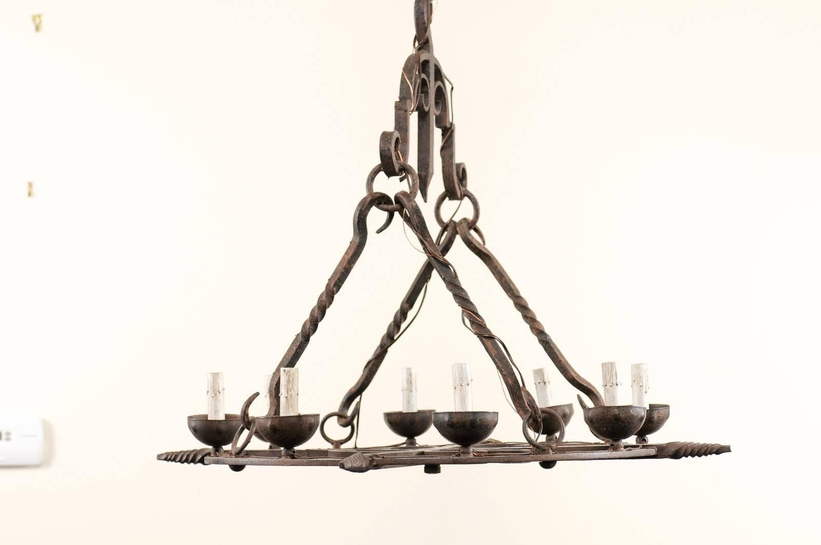 Rustic French 8-Light Circular Forged-Iron Chandelier w/Cupped Iron Bobèches   For Sale