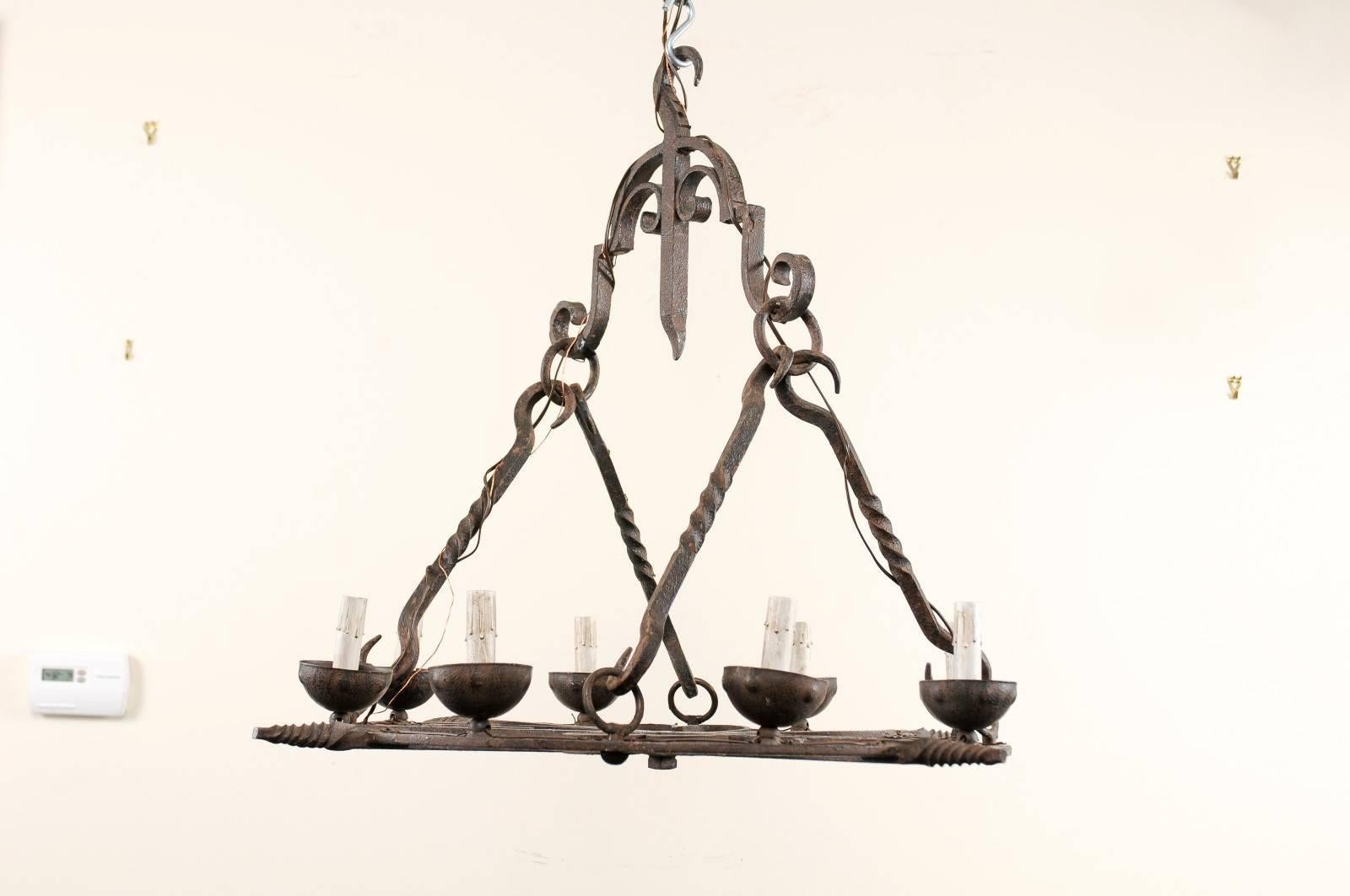 20th Century French 8-Light Circular Forged-Iron Chandelier w/Cupped Iron Bobèches   For Sale