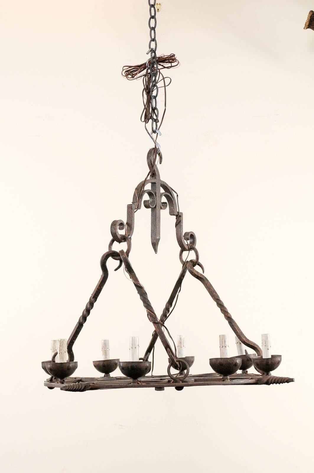 French 8-Light Circular Forged-Iron Chandelier w/Cupped Iron Bobèches   In Good Condition For Sale In Atlanta, GA