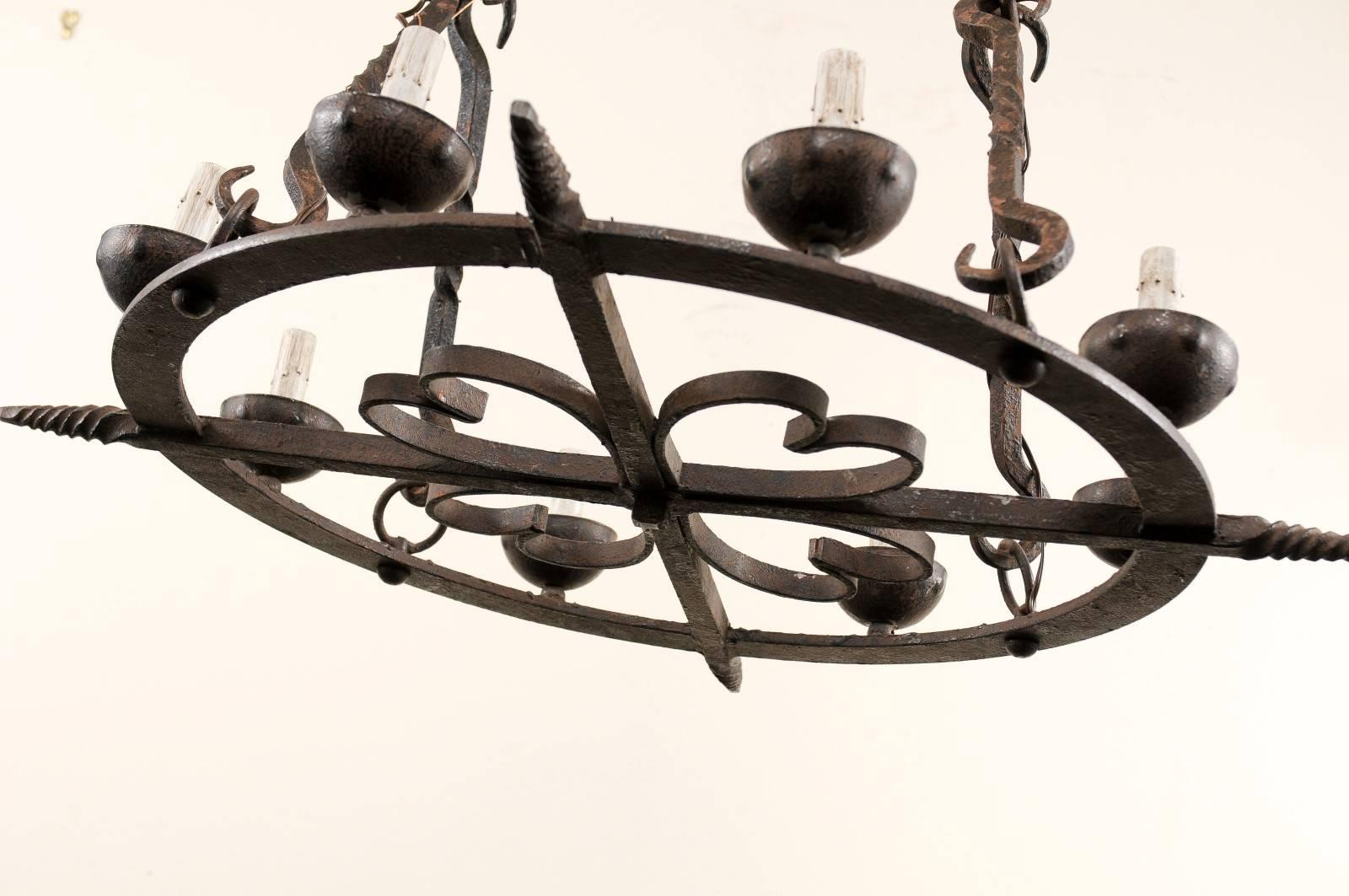 French 8-Light Circular Forged-Iron Chandelier w/Cupped Iron Bobèches   For Sale 4