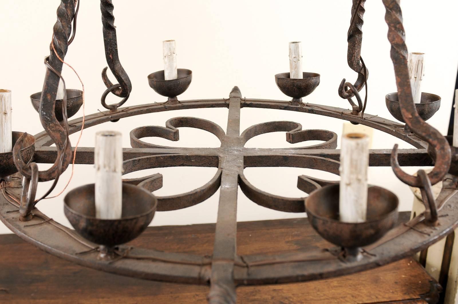 French 8-Light Circular Forged-Iron Chandelier w/Cupped Iron Bobèches   For Sale 5