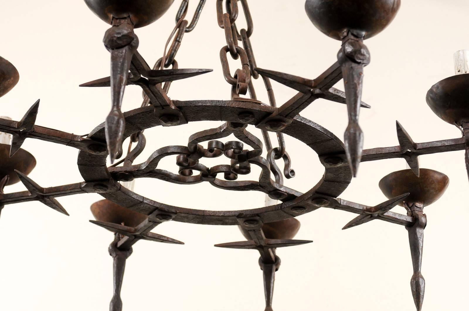 Vintage Round Iron Chandelier with Eight Torch Style Lights and Scroll Pattern 2