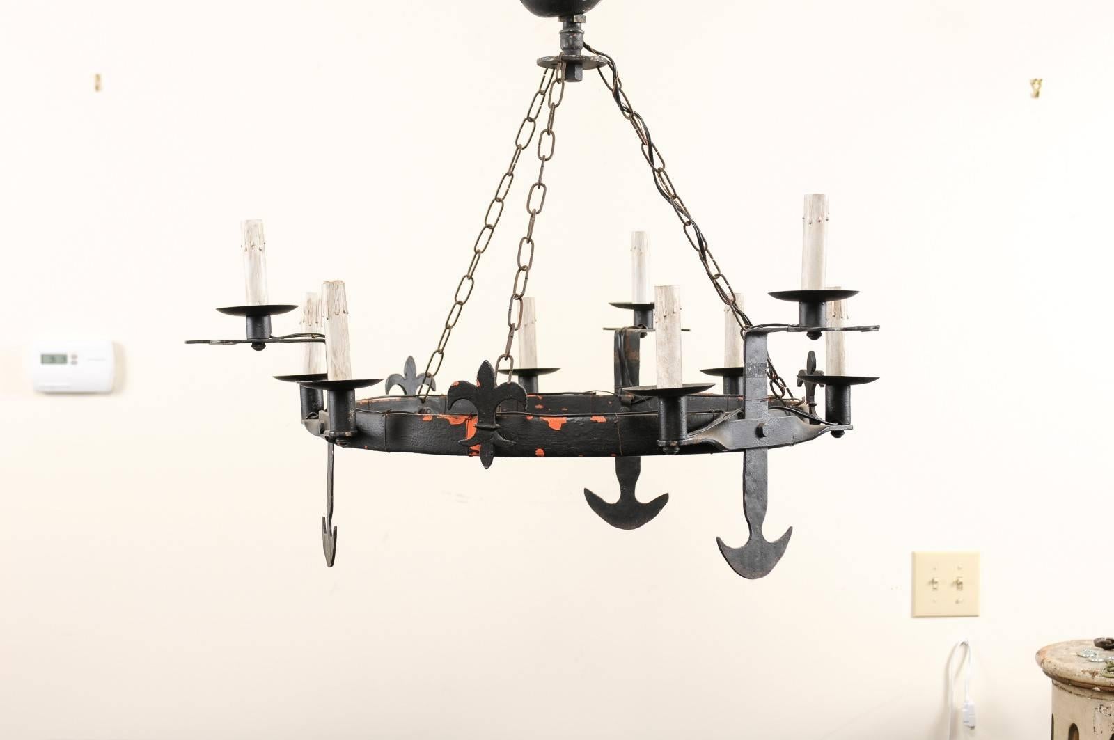 French Ring Shaped Iron Chandelier from the Mid-20th Century with Anchor Motifs For Sale 4