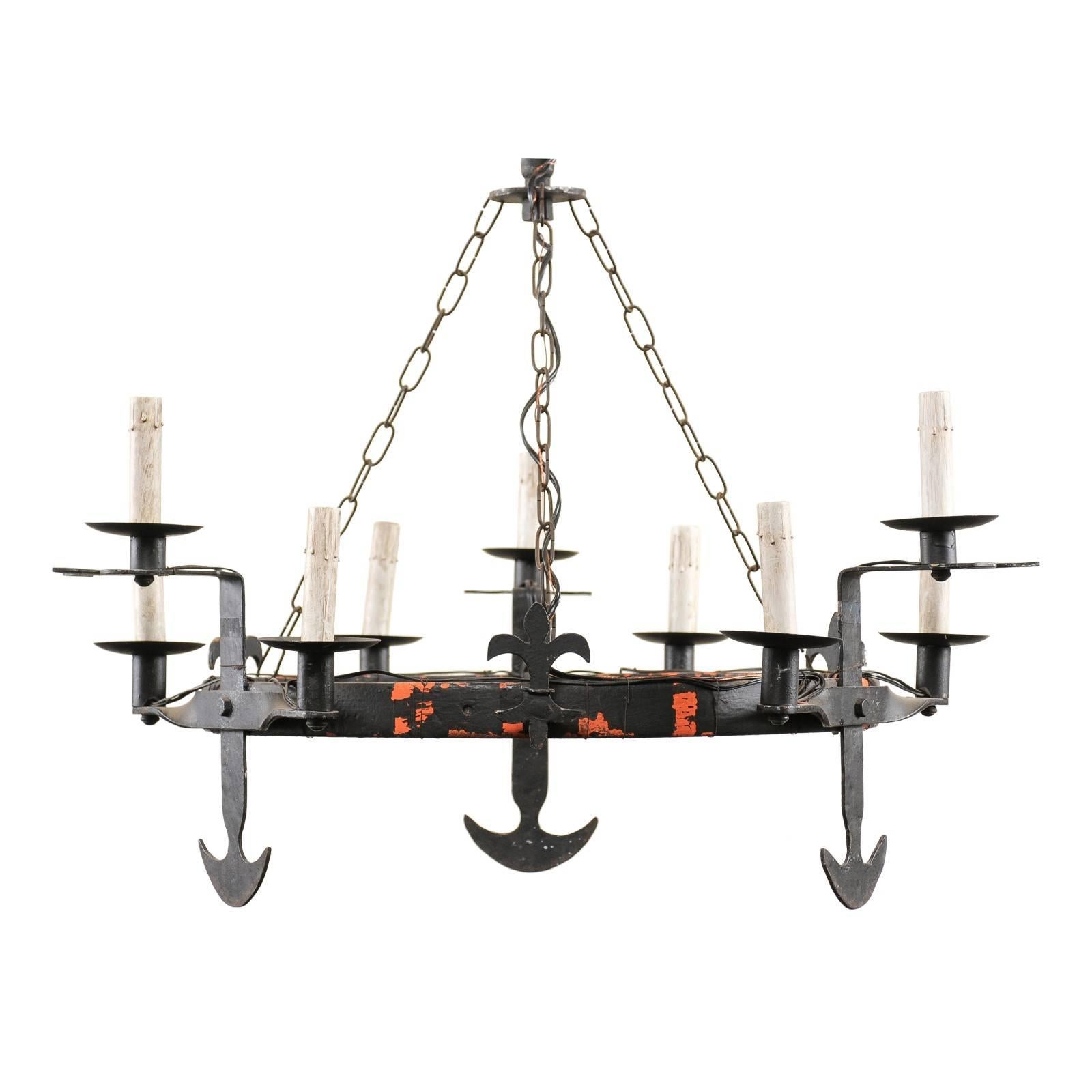 French Ring Shaped Iron Chandelier from the Mid-20th Century with Anchor Motifs For Sale