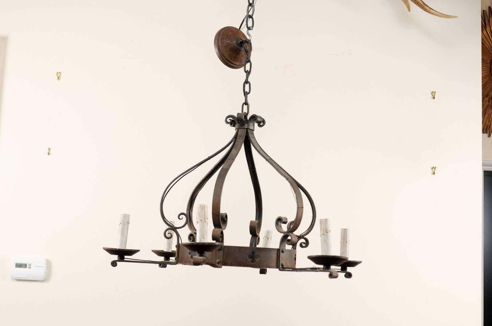 French Vintage Iron Chandelier with Crown Shape & Pierced Clover / Trefoil Decor 1