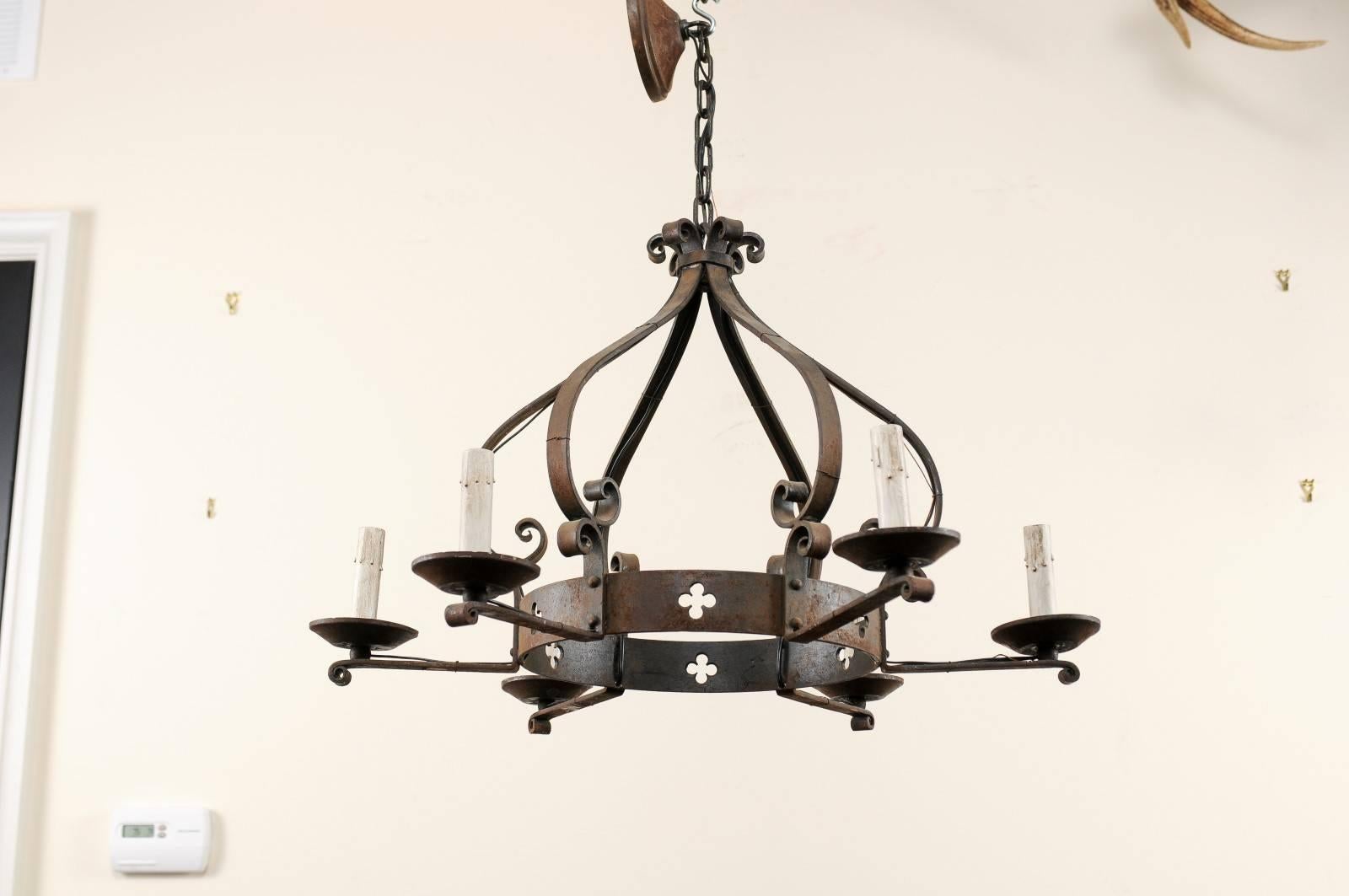 French Vintage Iron Chandelier with Crown Shape & Pierced Clover / Trefoil Decor 2