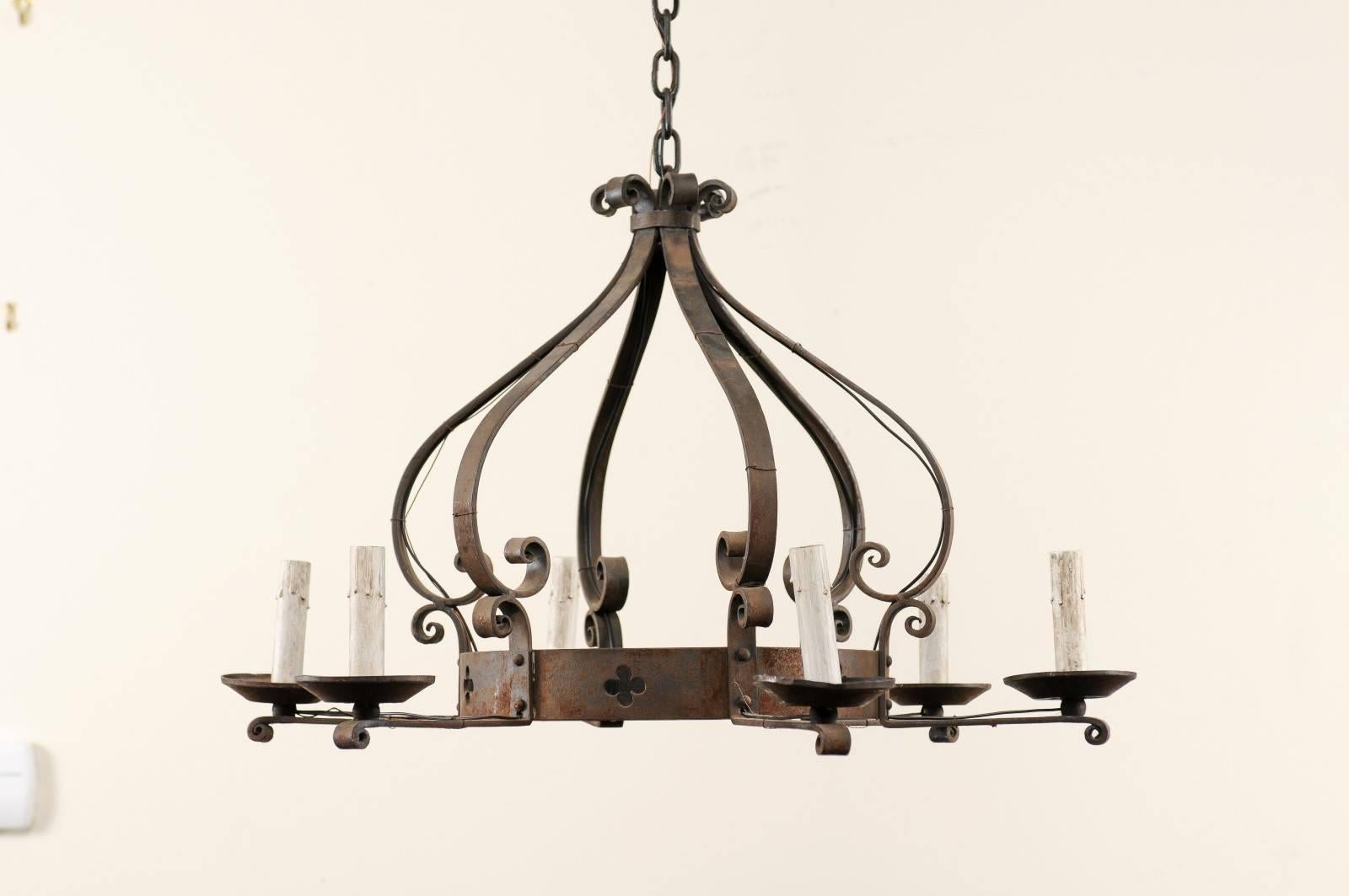 Forged French Vintage Iron Chandelier with Crown Shape & Pierced Clover / Trefoil Decor