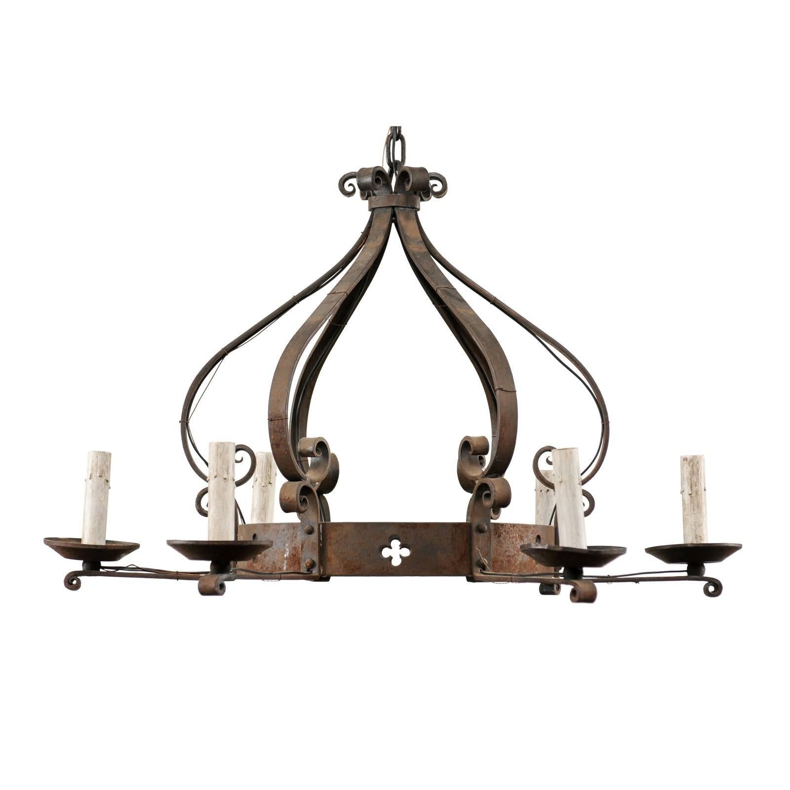 French Vintage Iron Chandelier with Crown Shape & Pierced Clover / Trefoil Decor