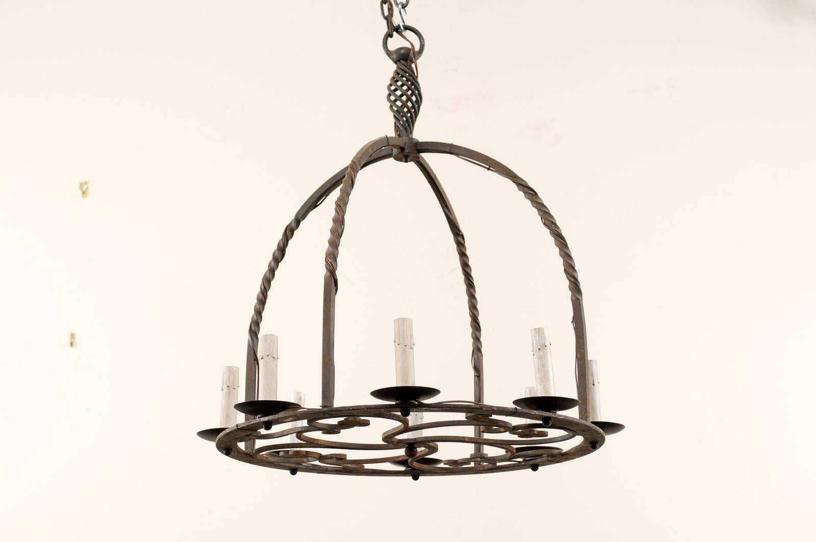 19th Century French 19th C. Circular Eight-Light Iron Chandelier w/ Lovely Domed-Shaped Top