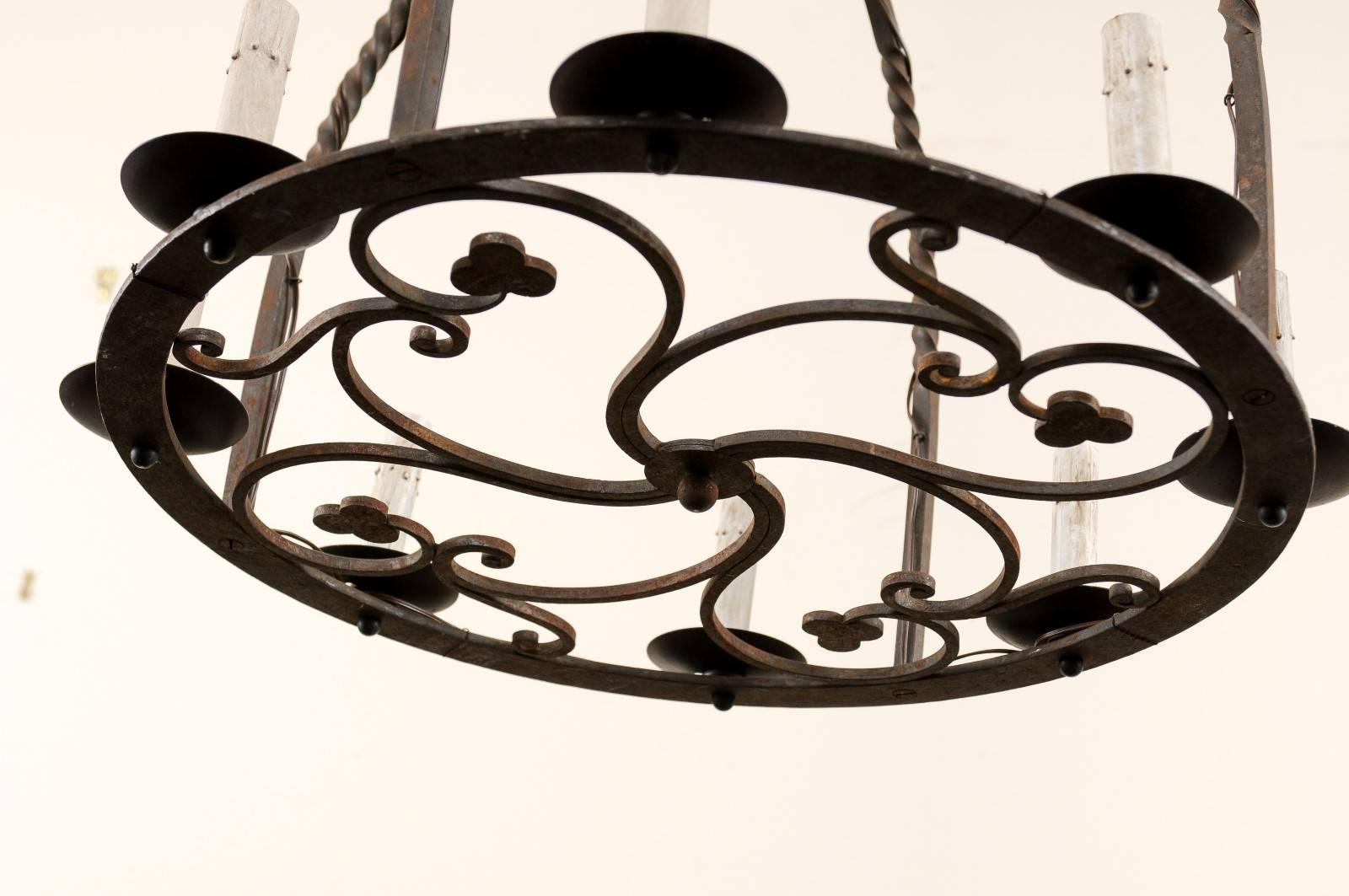 French 19th C. Circular Eight-Light Iron Chandelier w/ Lovely Domed-Shaped Top 3
