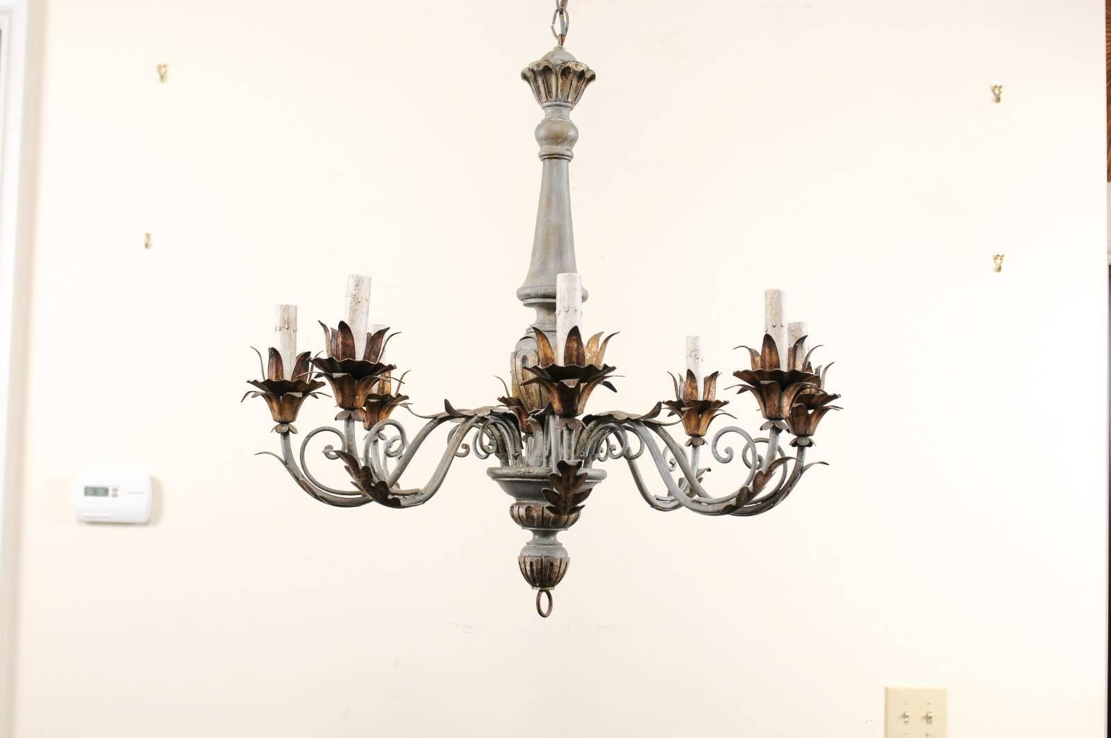 French Painted and Gilded Eight-Light Wood and Metal Chandelier in Grey-Blue 2