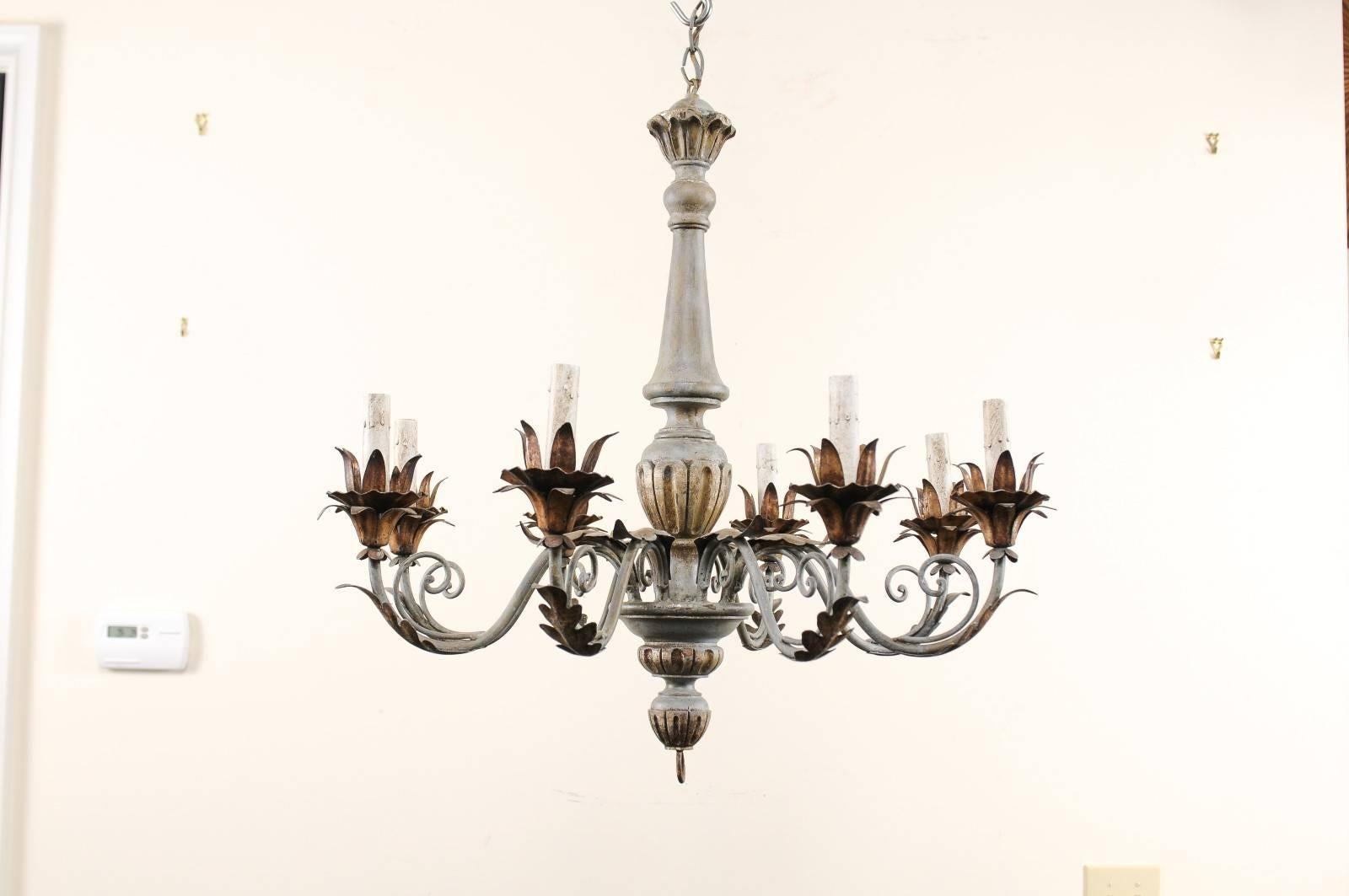 French Painted and Gilded Eight-Light Wood and Metal Chandelier in Grey-Blue 3