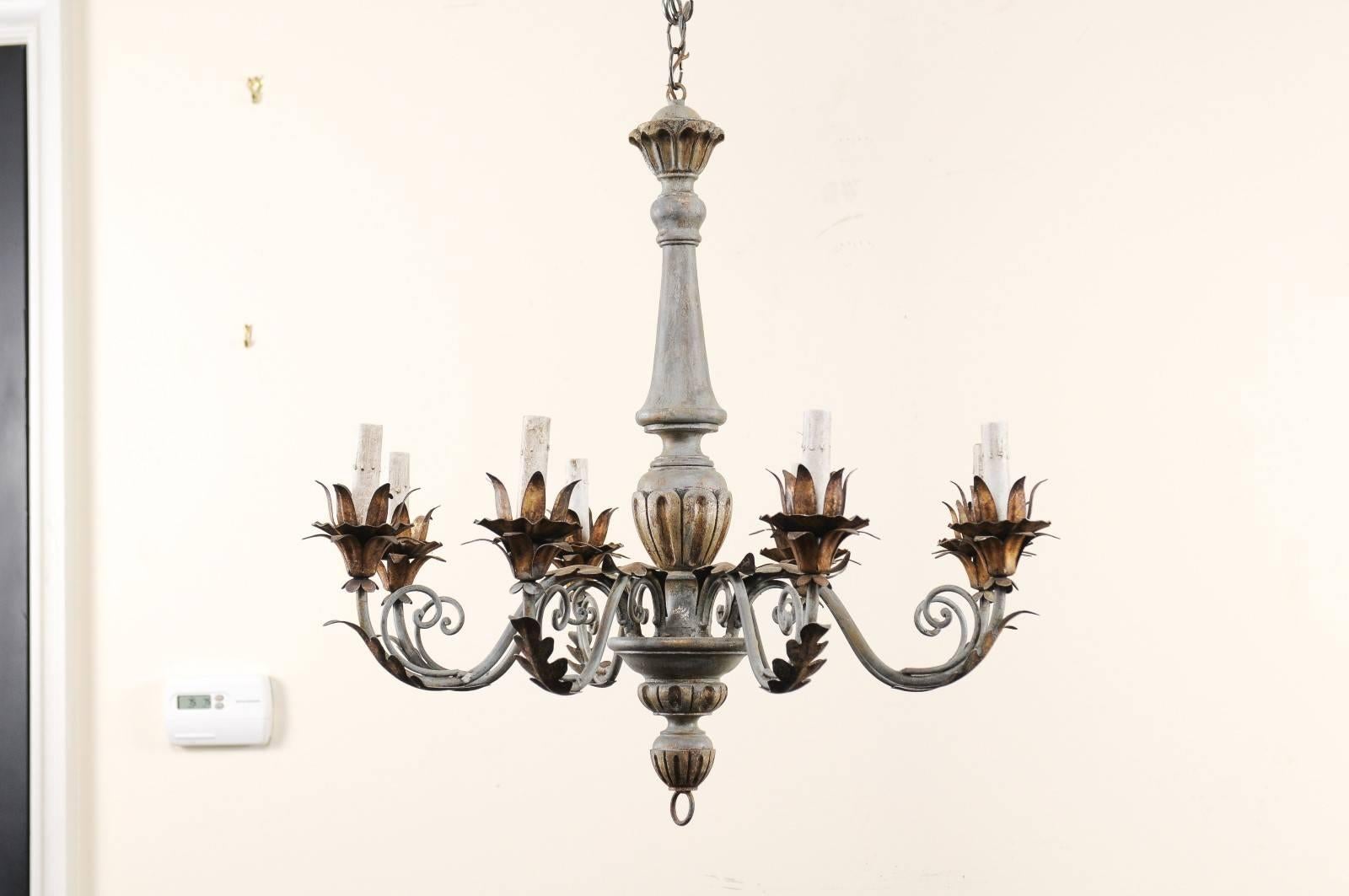 Carved French Painted and Gilded Eight-Light Wood and Metal Chandelier in Grey-Blue