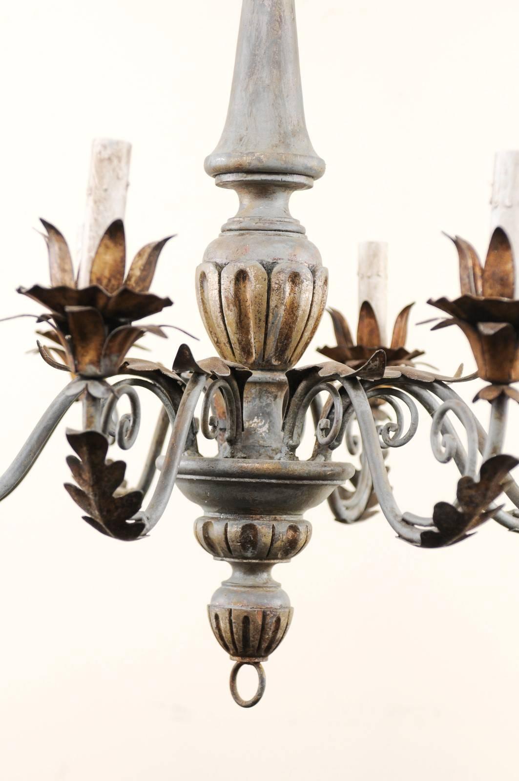 French Painted and Gilded Eight-Light Wood and Metal Chandelier in Grey-Blue 1