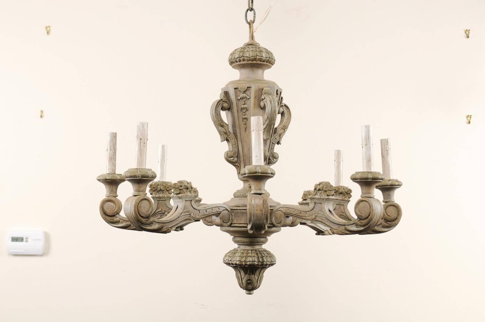 French 20th Century Carved and Painted Wood Eight-Light Chandelier 6