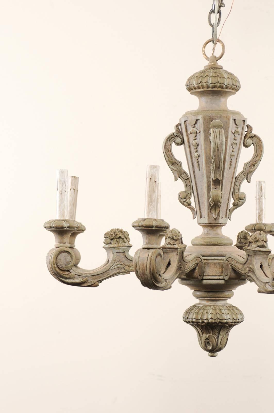French 20th Century Carved and Painted Wood Eight-Light Chandelier 1