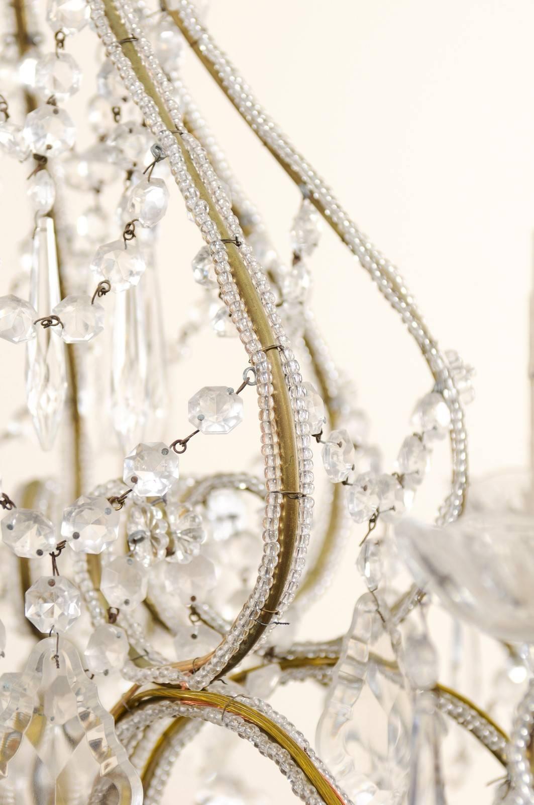 French Mid-20th Century Crystal Chandelier with Gilded and Beaded Armature 1