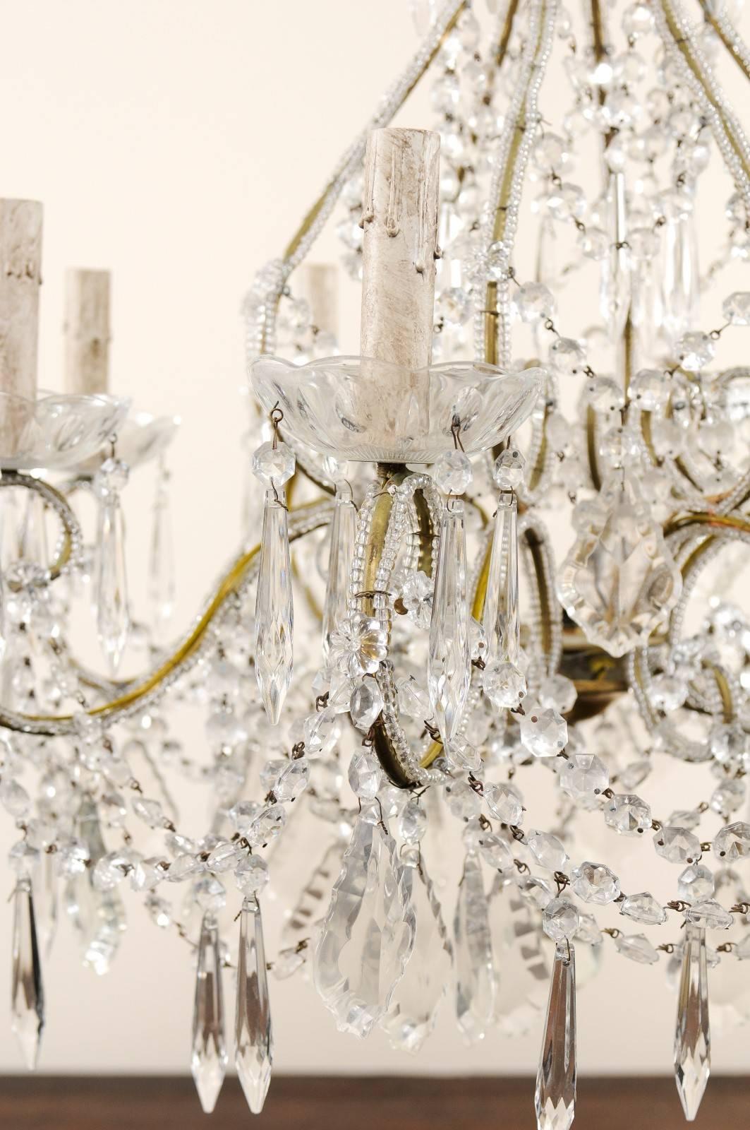 French Mid-20th Century Crystal Chandelier with Gilded and Beaded Armature In Good Condition In Atlanta, GA