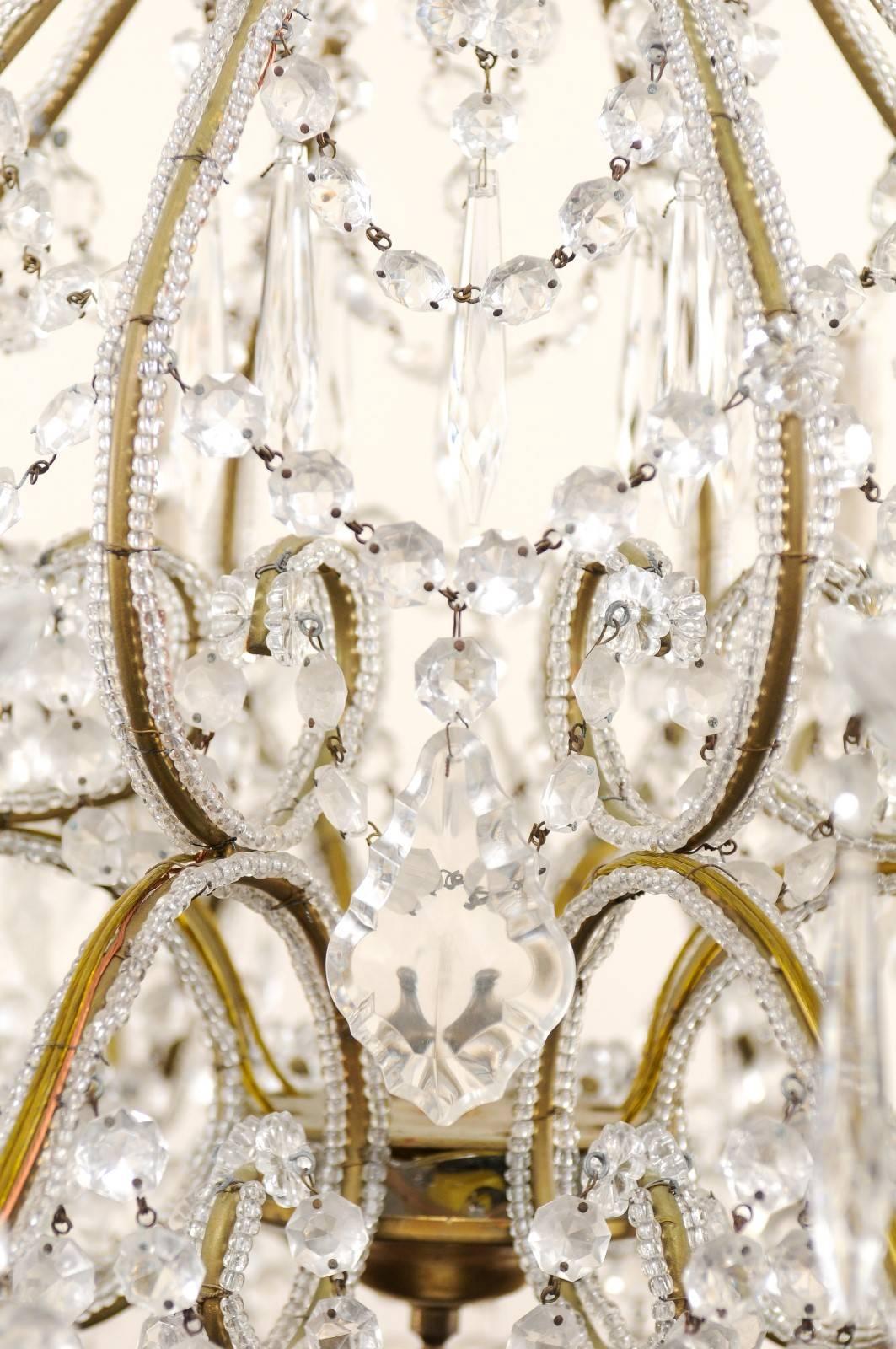 French Mid-20th Century Crystal Chandelier with Gilded and Beaded Armature 2