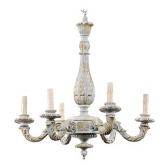 French Vintage Richly Carved and Painted Wood Six-Arm Chandelier in Soft Blue