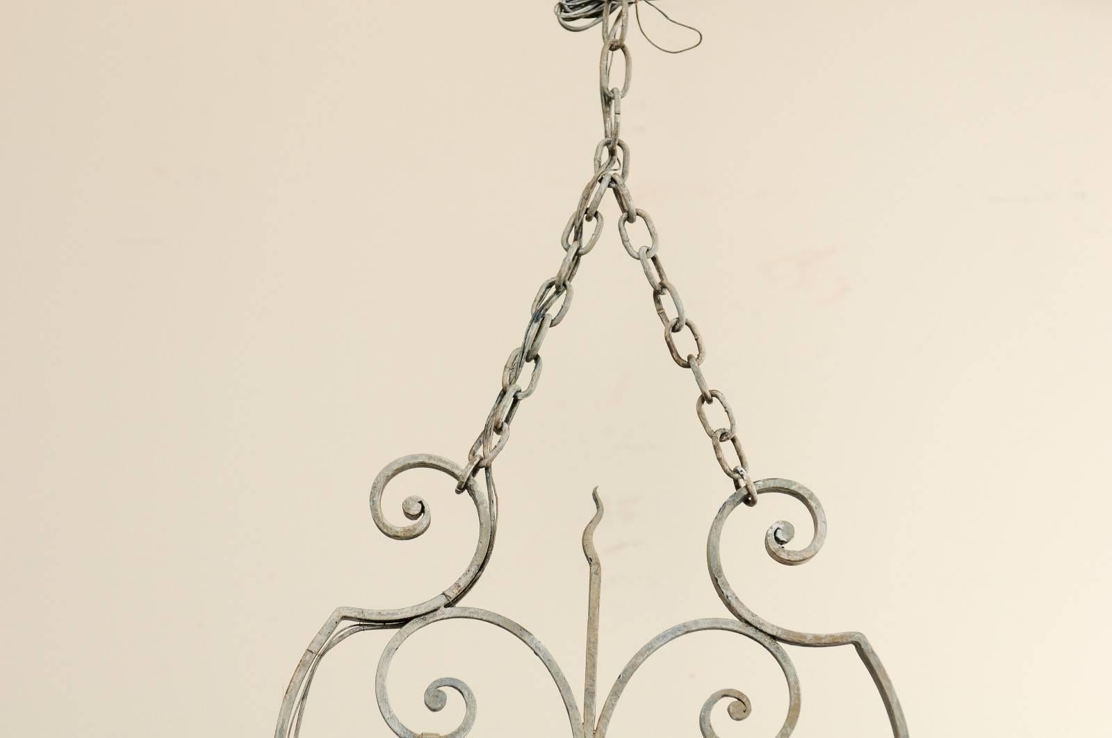 20th Century French Midcentury Painted Iron Six-Light Chandelier with Lovely Scrolls