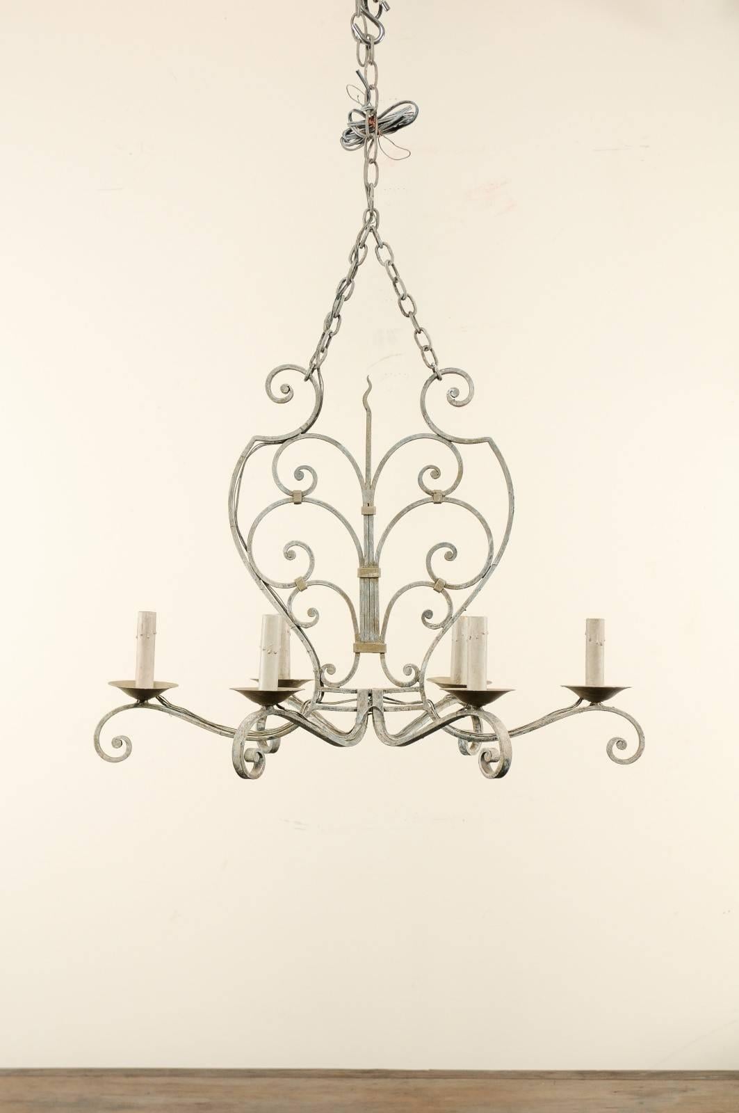 French Midcentury Painted Iron Six-Light Chandelier with Lovely Scrolls In Good Condition In Atlanta, GA