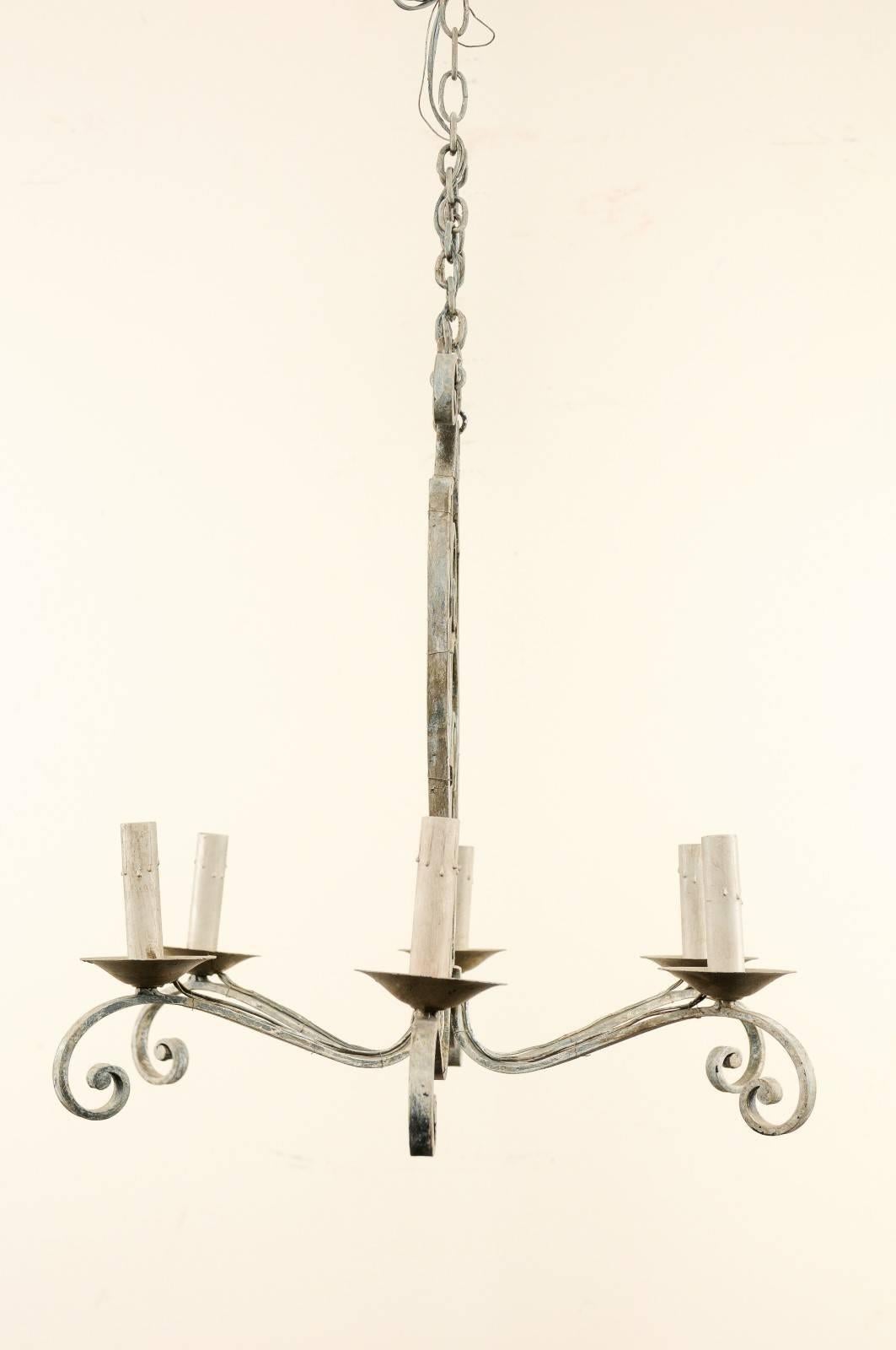 French Midcentury Painted Iron Six-Light Chandelier with Lovely Scrolls 2