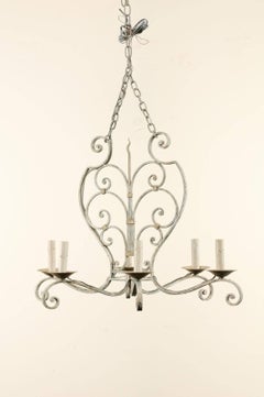 French Midcentury Painted Iron Six-Light Chandelier with Lovely Scrolls
