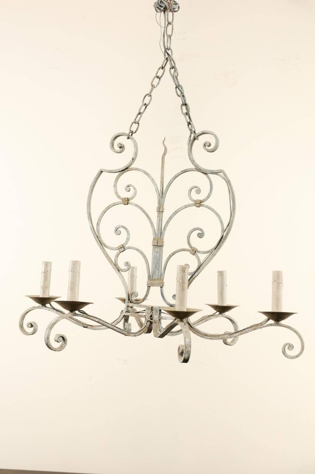 French Midcentury Painted Iron Six-Light Chandelier with Lovely Scrolls 3