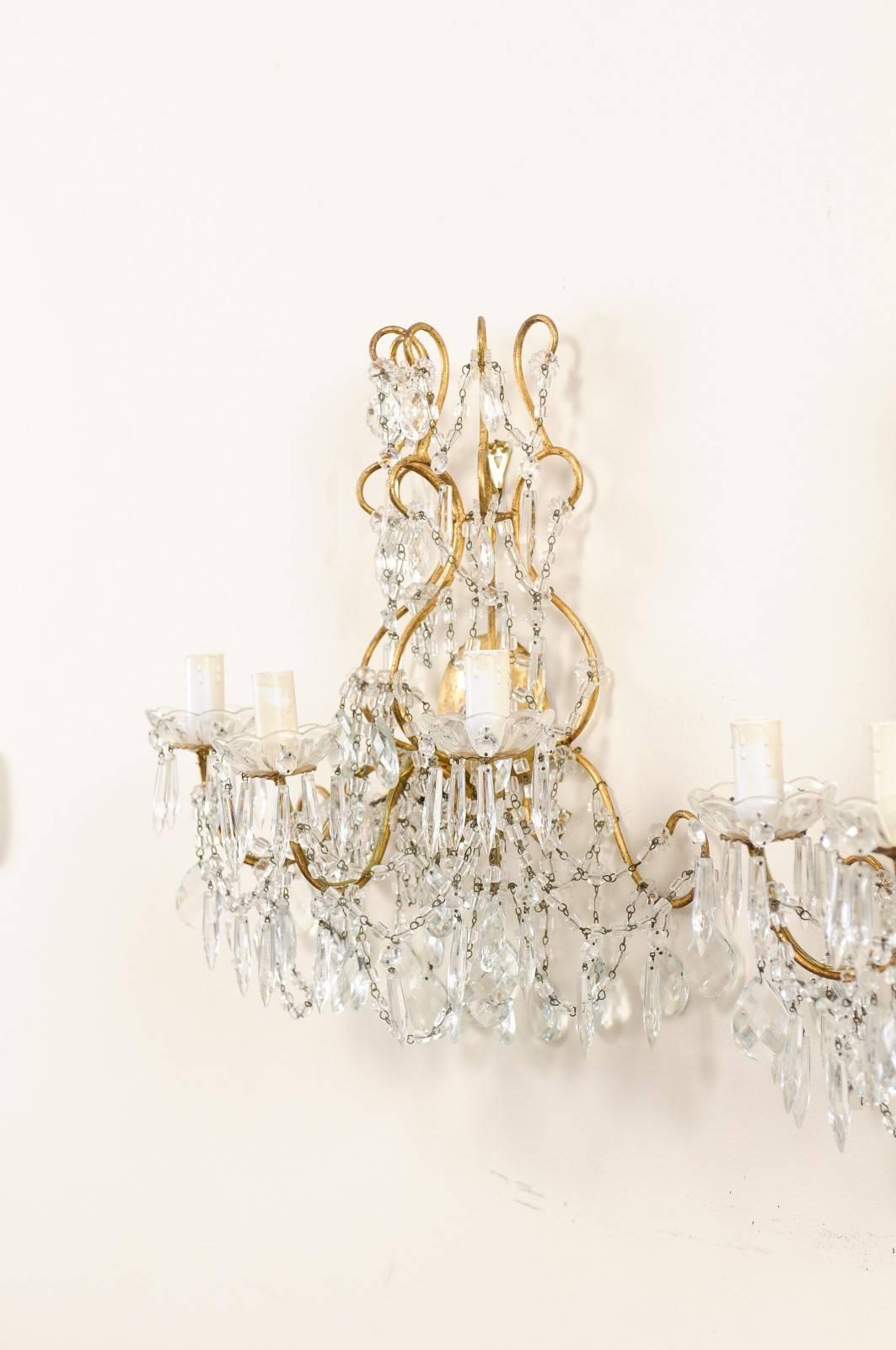 Italian Pair of Ornately Decorated Crystal & Gilded Metal Three-Light Sconces In Good Condition In Atlanta, GA